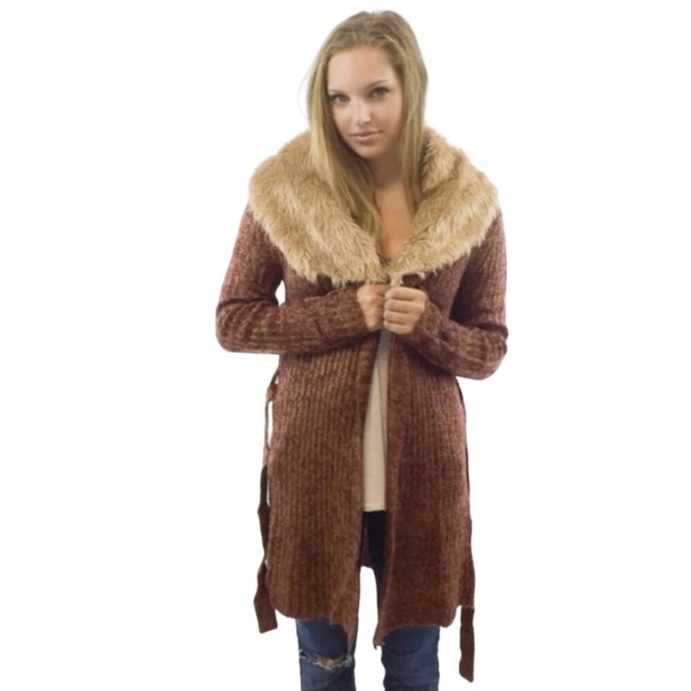 NWT Rust Removable Faux Fur Trim Tie Waist Longline Cardigan Knit | Old Money S - Picture 2 of 8